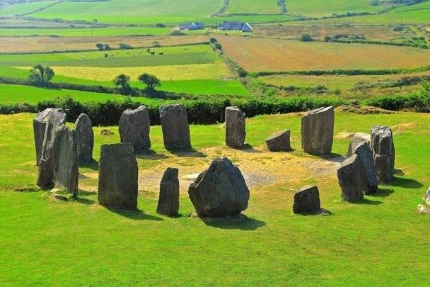 Ancient standing stones arranged in a circle across Ireland